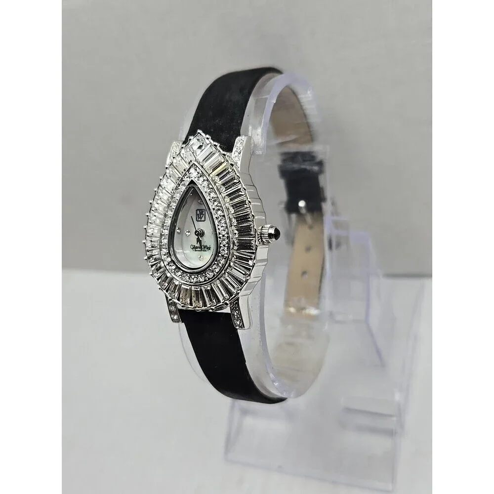 Victoria Wieck B6491 Teardrop Crystal MOP Dial Black Leather Watch New Battery